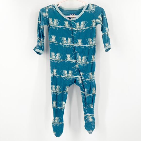 KICKEE PANTS Pajamas 3-6 Months Footie Monkeys Onesie Unisex Baby Infant Blue